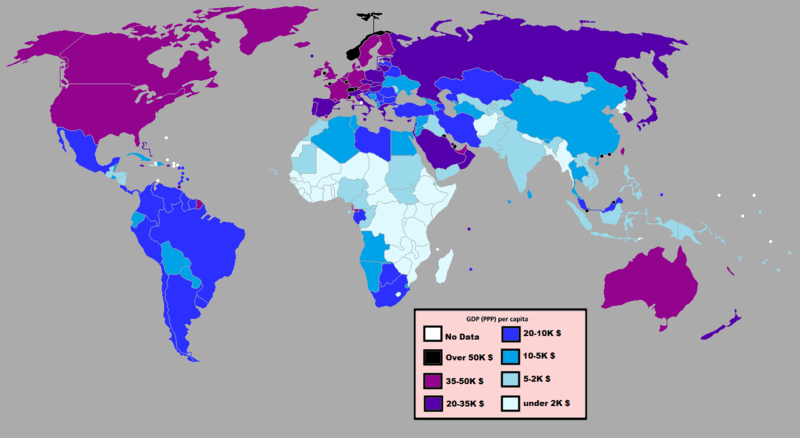 Världens länder efter BNP/capita, 2011. Bild från Wikimedia/Quandapanda, med data från Världsbanken kompletterade med IMF och CIA.