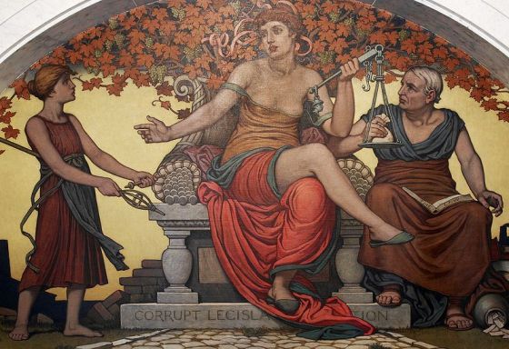 KORRUPT LAGSTIFTNING - "Corrupt Legislation" är en muralmålning av Elihu Vedder i lobbyn till kongressbiblioteket i Washington.