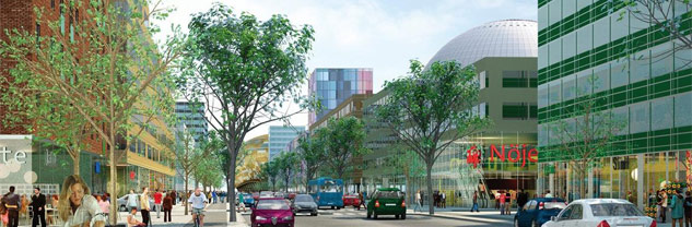 NYBYGGE. Söderstaden blir hem för några av de tiotusentals nya bostäderna i Stockholm de närmaste åren. Här skiss på grönskande stadsgata, från stockholm.se