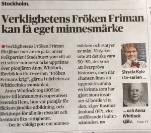 DN STHLM 9 mars 2015, om Folkpartiets initiativ till minnesmärke över Anna Whitlock.